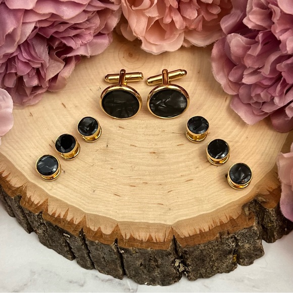 Black Mother of Pearl Cufflinks Tuxedo Studs Formal 8 Pcs Set - Picture 5 of 16